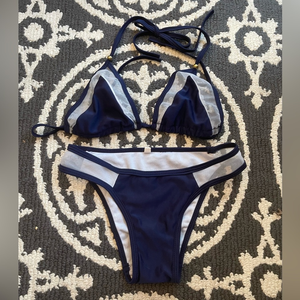 Navy Blue Bikini with White Mesh